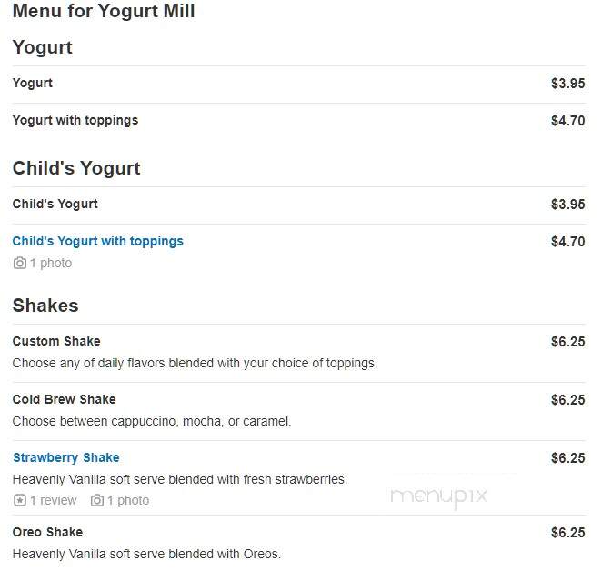 Menu of Yogurt Mill Oakdale Rd in Modesto, CA 95355