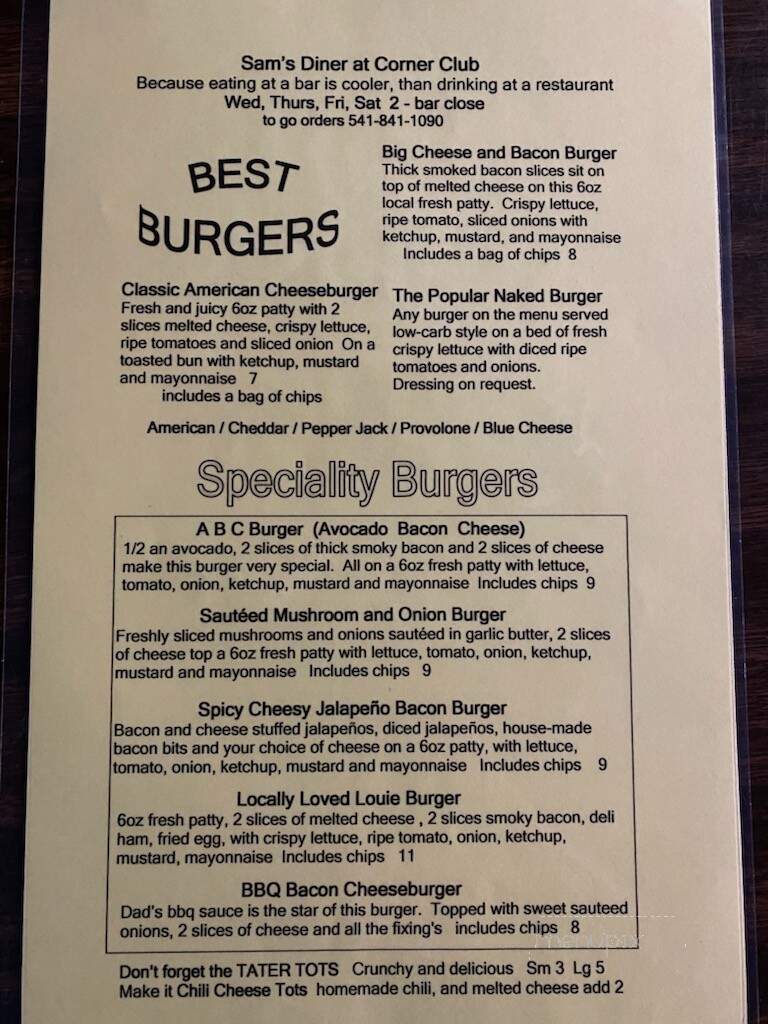 Corner Club - Central Point, OR menu_pic
