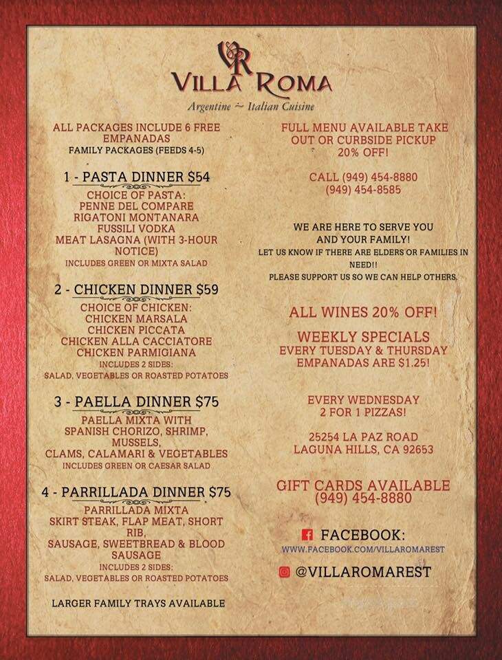 Villa Roma Ristorante - Laguna Hills, CA menu_pic