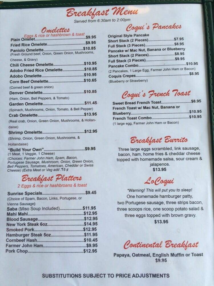 Coquis Hideaway - Hilo, HI menu_pic