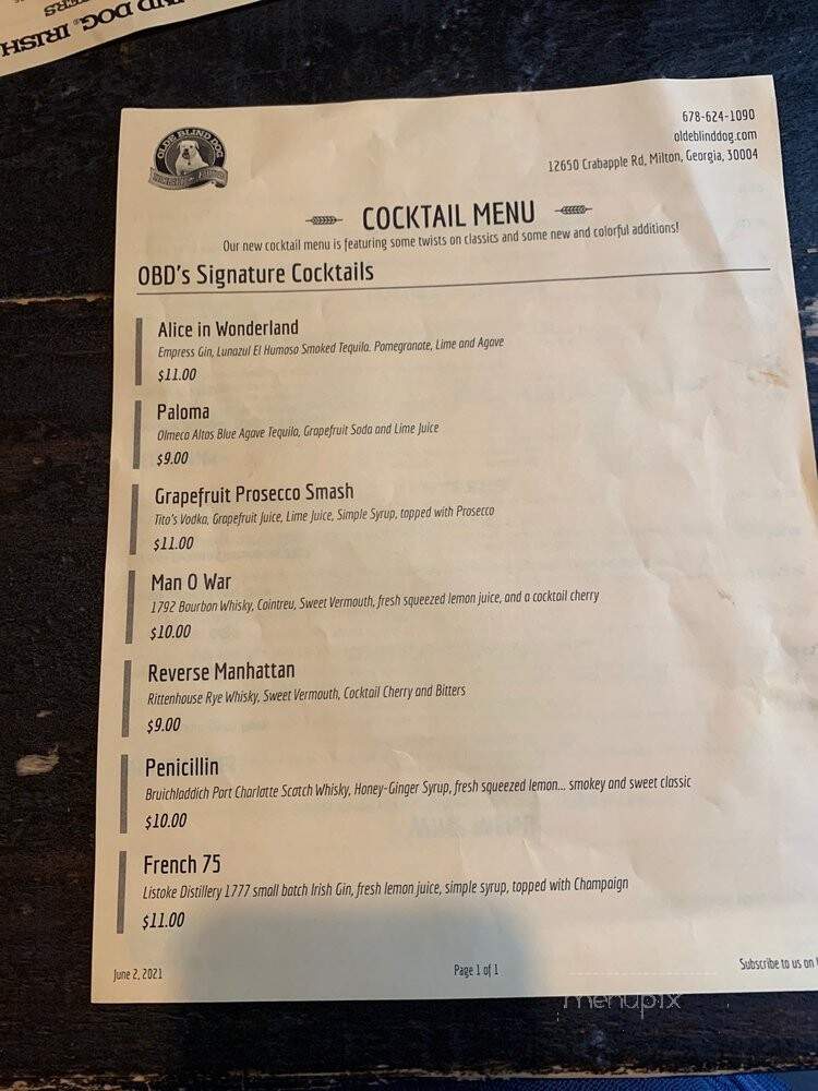 Olde Blind Dog Irish Pub - Milton, GA menu_pic