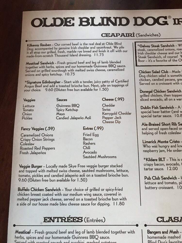 Olde Blind Dog Irish Pub - Milton, GA menu_pic