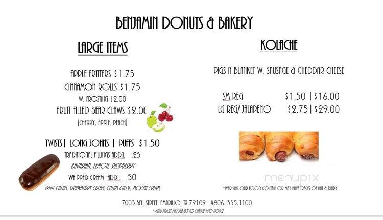 Benjamin Donuts & Bakery - Amarillo, TX menu_pic