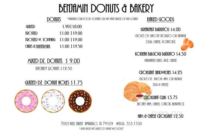 Benjamin Donuts & Bakery - Amarillo, TX menu_pic
