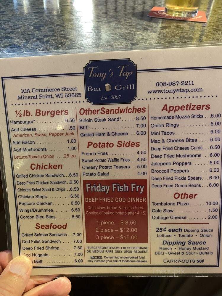 Tony's Tap - Mineral Point, WI menu_pic