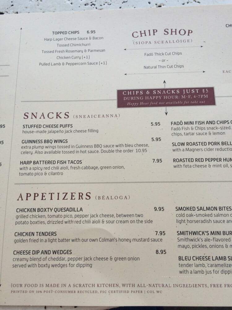 Fado Irish Pub and Restaurant - Columbus, OH menu_pic