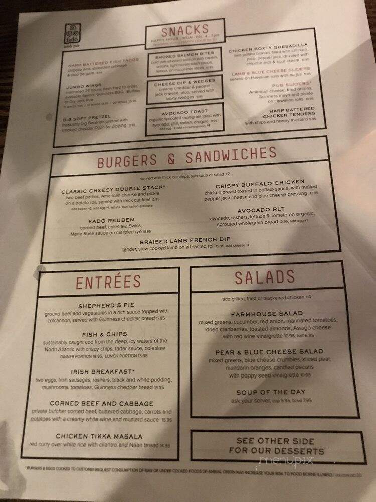Fado Irish Pub and Restaurant - Columbus, OH menu_pic