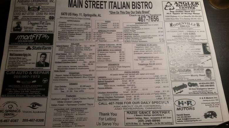 Main Street Italian Bistro - Springville, AL menu_pic