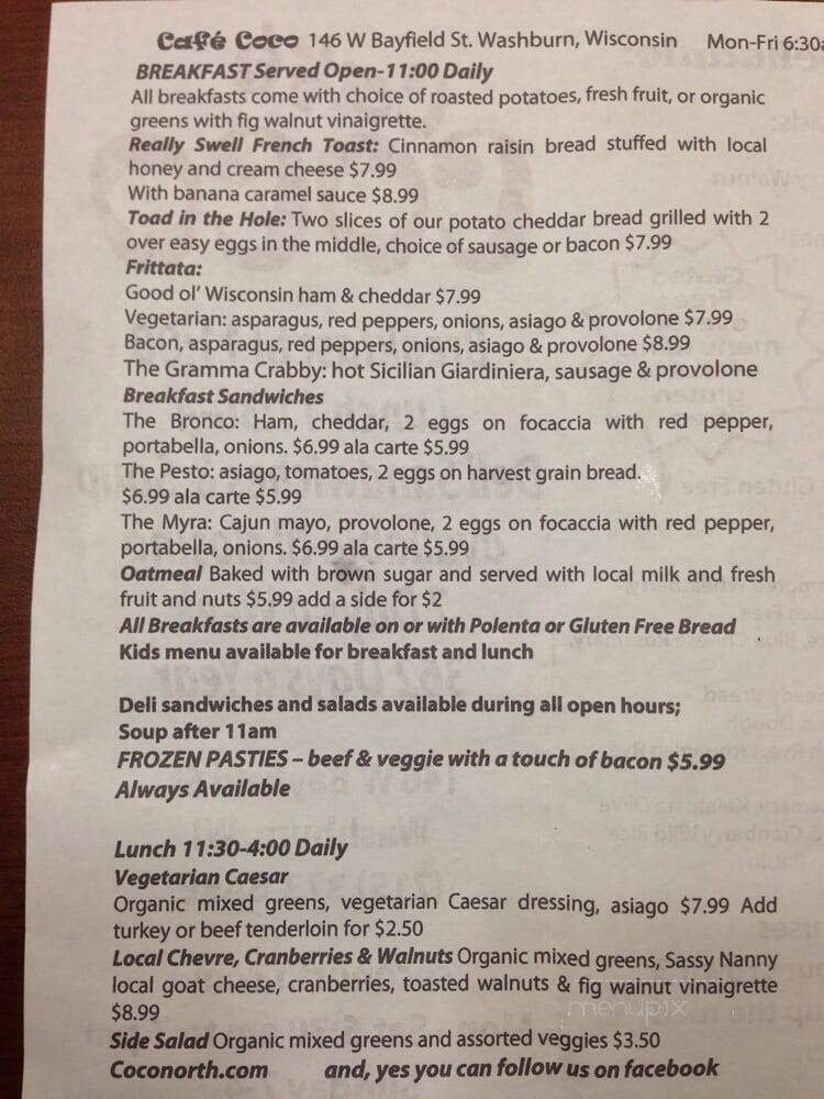 Coco Artisan Breads, Fine Pastries, Good Eats - Washburn, WI menu_pic