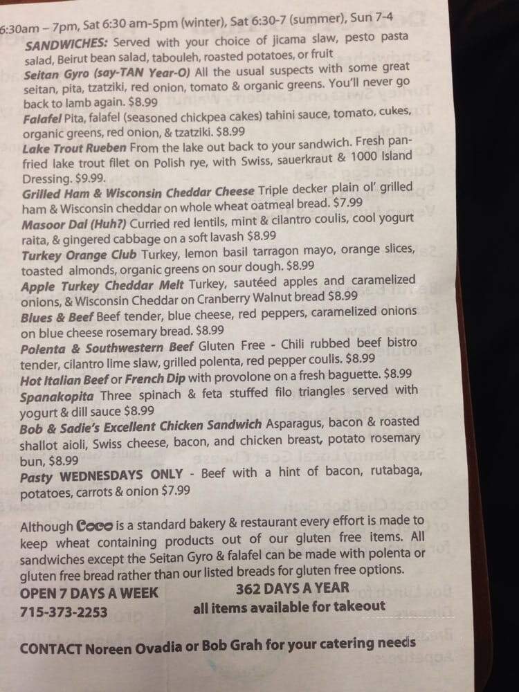 Coco Artisan Breads, Fine Pastries, Good Eats - Washburn, WI menu_pic