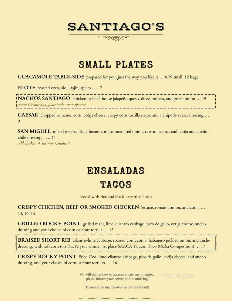 Santigo's Restaurant - Bisbee, AZ menu_pic