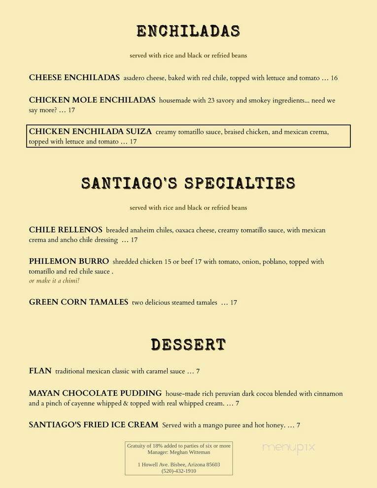 Santigo's Restaurant - Bisbee, AZ menu_pic
