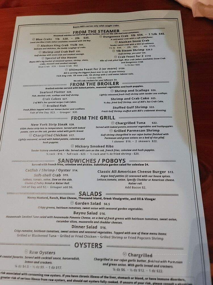 Bayou Bill's Crab House - Panama City Beach, FL menu_pic