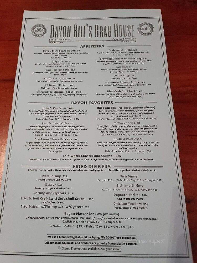 Bayou Bill's Crab House - Panama City Beach, FL menu_pic
