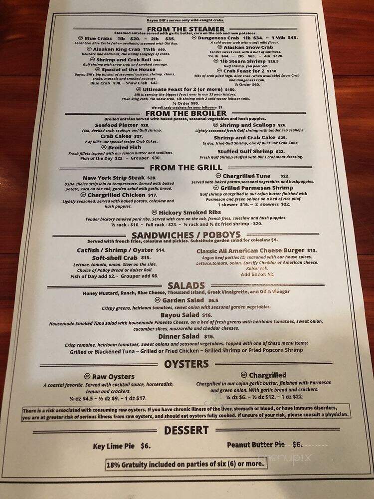 Bayou Bill's Crab House - Panama City Beach, FL menu_pic