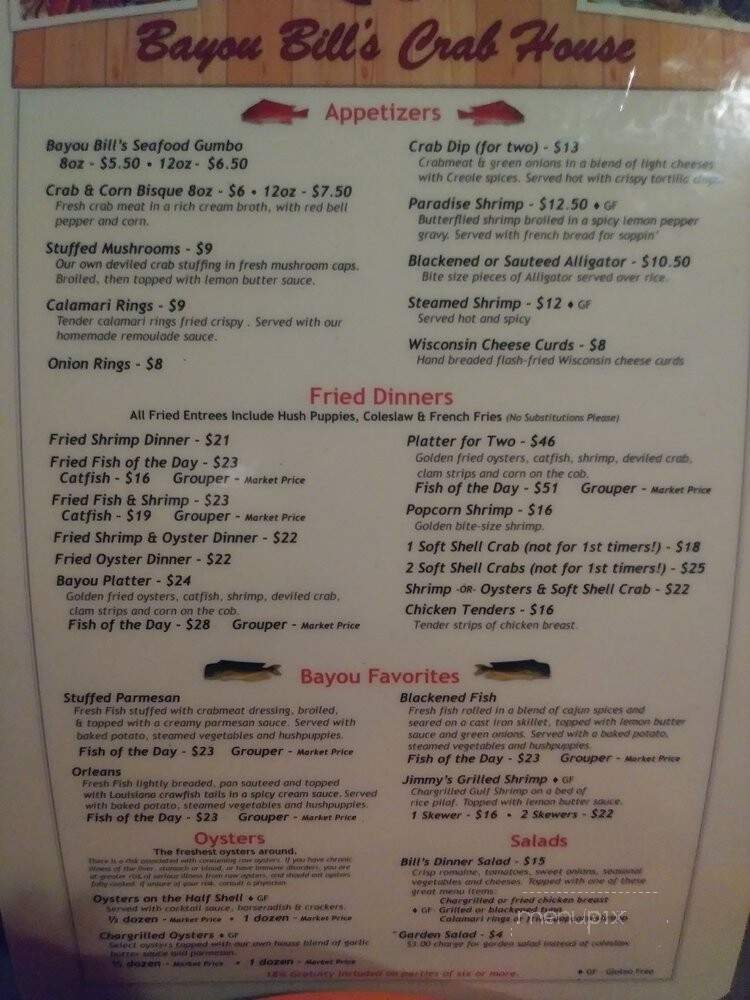 Bayou Bill's Crab House - Panama City Beach, FL menu_pic