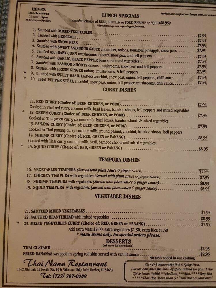 Thai Nana Restaurant - Palm Harbor, FL menu_pic