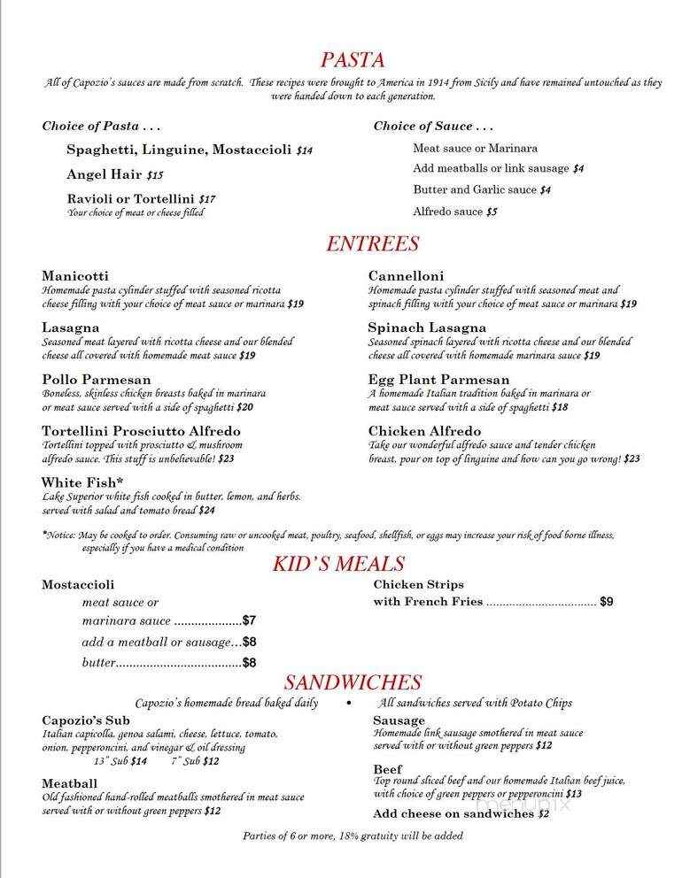 Capozio's Of Harbert - Three Oaks, MI menu_pic