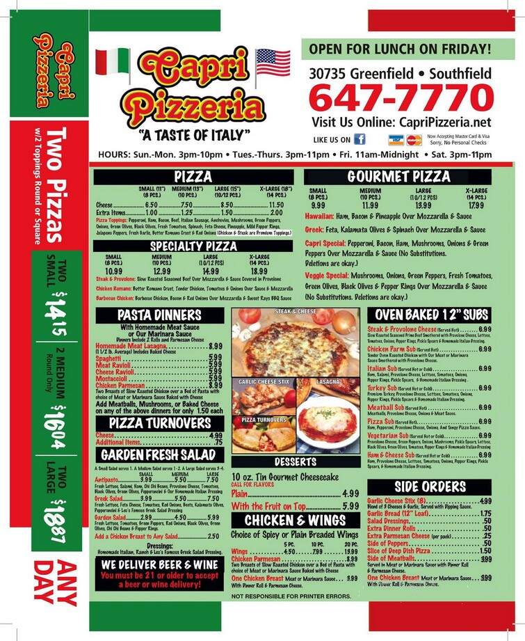 Capri Pizzeria - Southfield, MI menu_pic