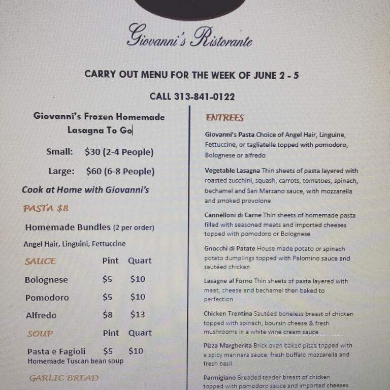 Giovanni's Ristorante - Detroit, MI menu_pic