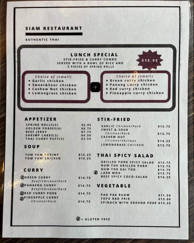 Siam - Regina, SK menu_pic