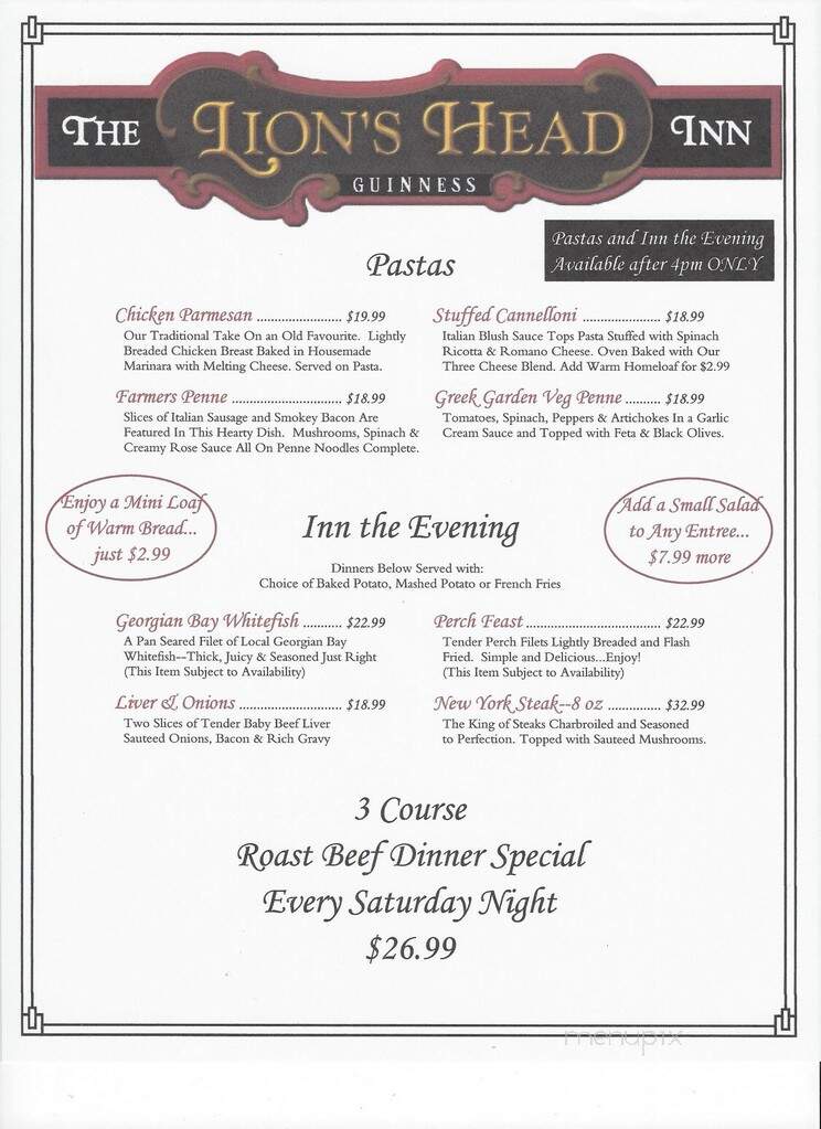 Lions Head Inn - Lions Head, ON menu_pic