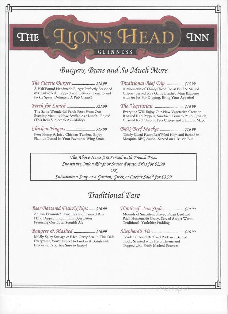 Lions Head Inn - Lions Head, ON menu_pic
