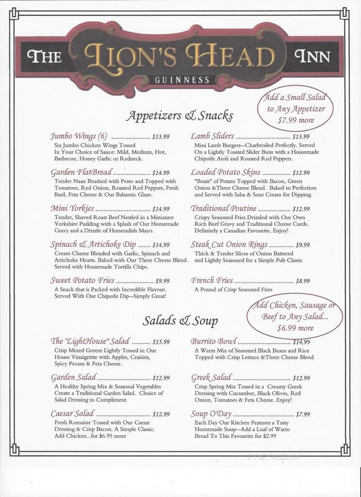 Lions Head Inn - Lions Head, ON menu_pic