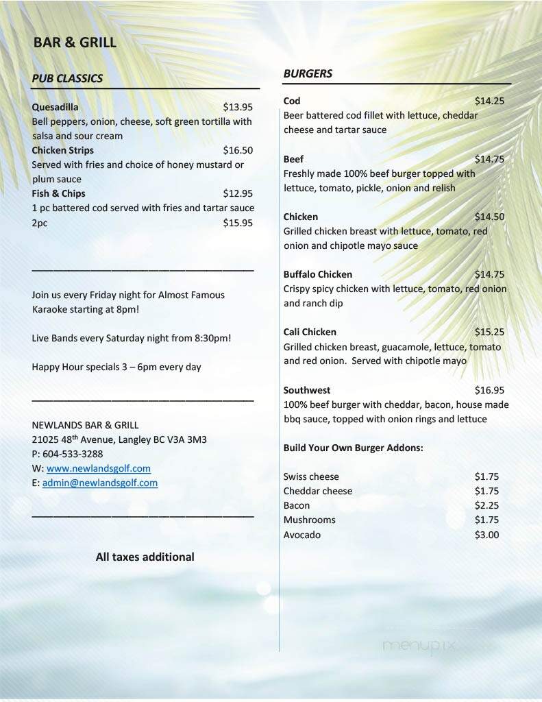 Newlands Golf & Country Club - Langley, BC menu_pic