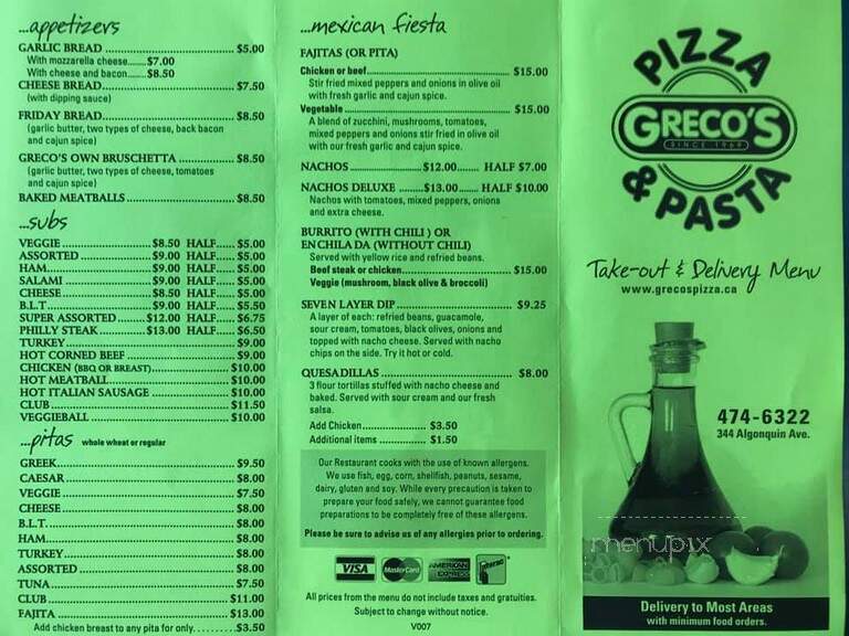 Greco's Pizza - North Bay, ON menu_pic