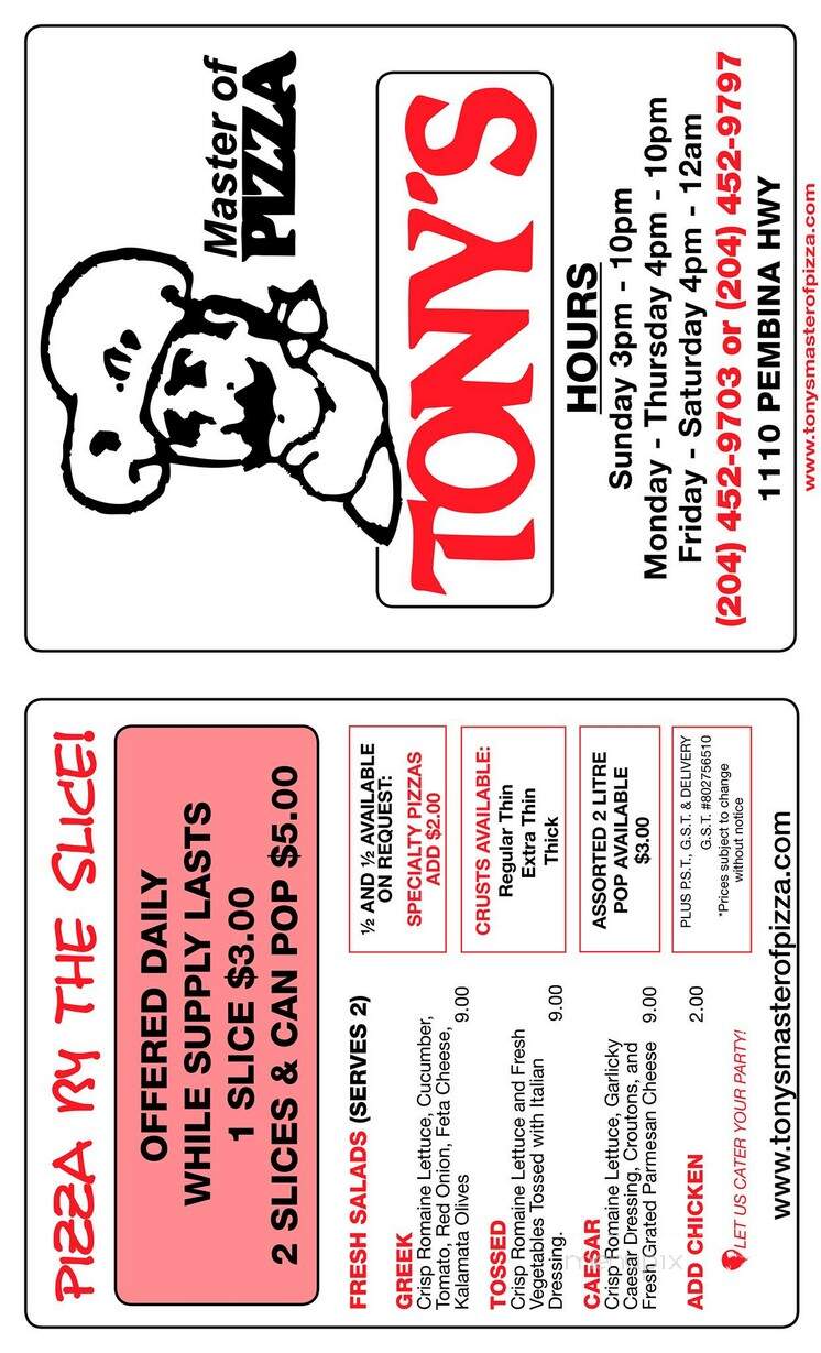 Tony's Pizza - Winnipeg, MB menu_pic