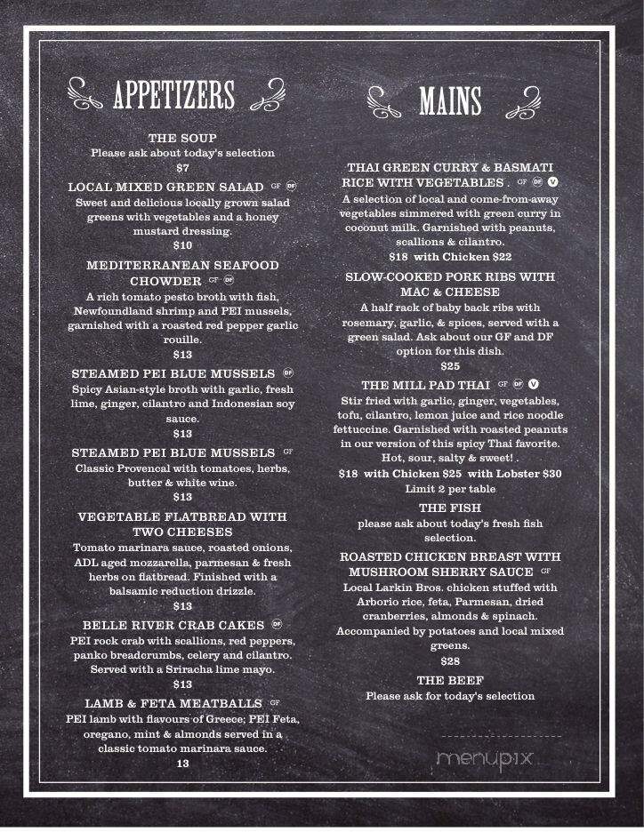 The Olde Glasgow Mill - Hunter River, PE menu_pic