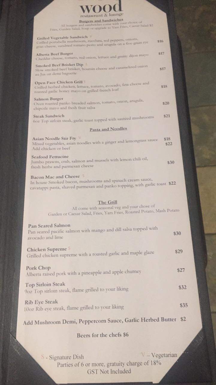 Wood Restaurant & Lounge - Canmore, AB menu_pic
