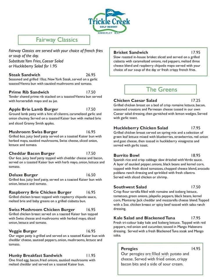 Trickle Creek Golf Resort - Kimberley, BC menu_pic