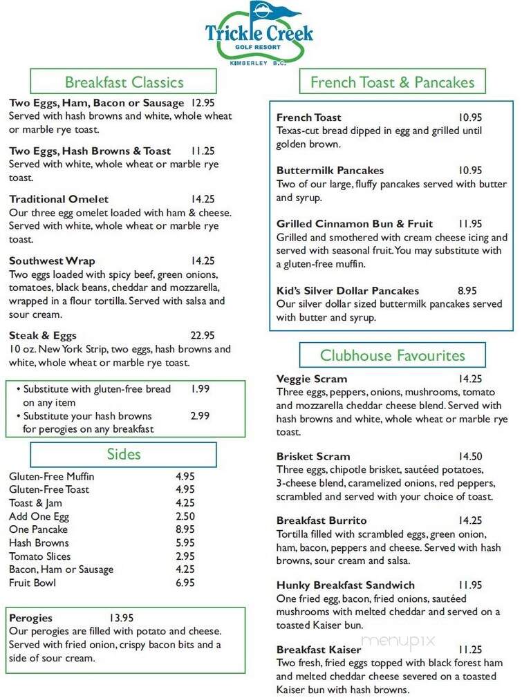 Trickle Creek Golf Resort - Kimberley, BC menu_pic
