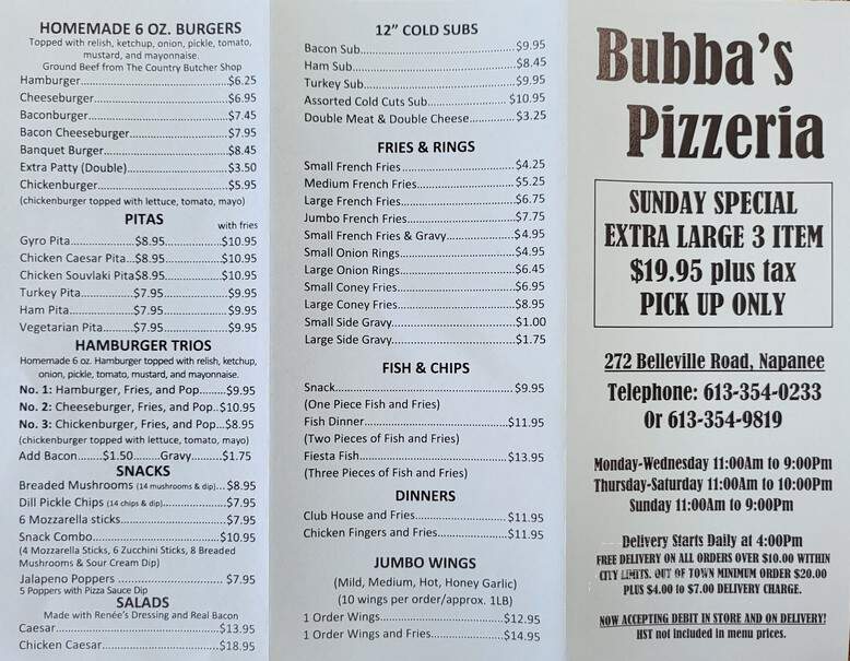 Bubba's Pizzeria & Restaurant - Greater Napanee, ON