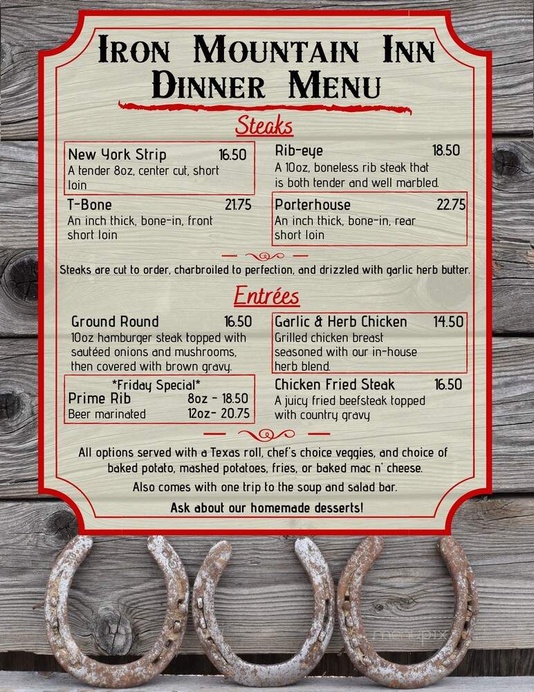 Iron Mountain Inn - Fairfield, ID menu_pic