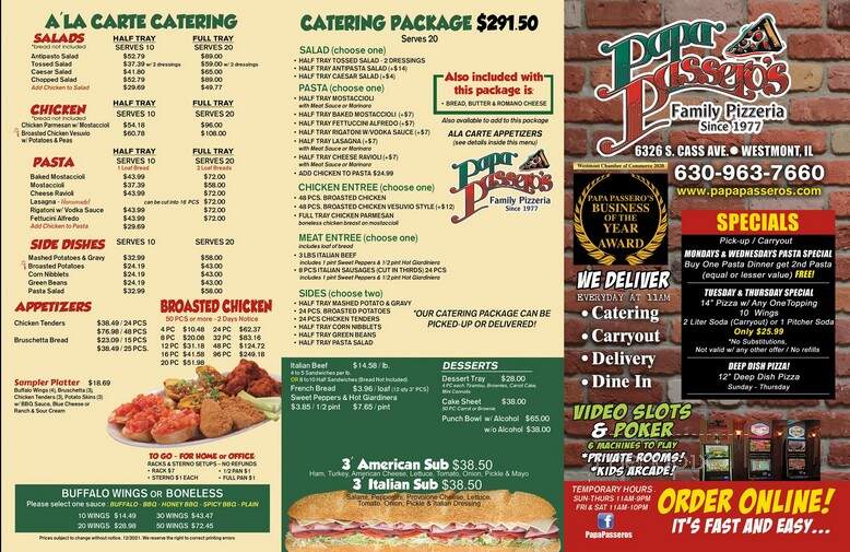 Papa Passero's - Westmont, IL menu_pic