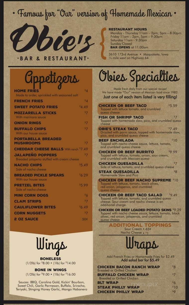 Obie's West - Maquoketa, IA menu_pic