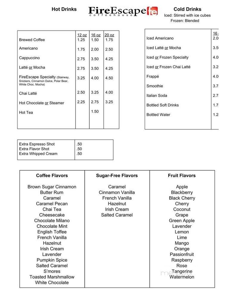 Fire Escape Coffee House - Chanute, KS menu_pic