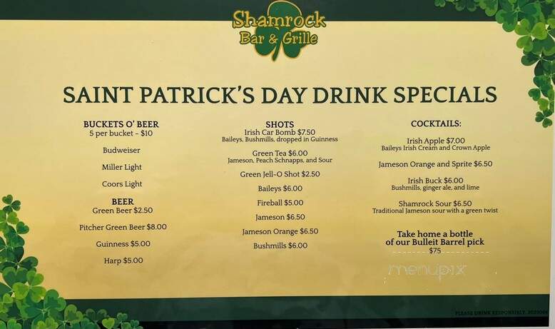 Shamrock Bar & Grille - Lexington, KY menu_pic