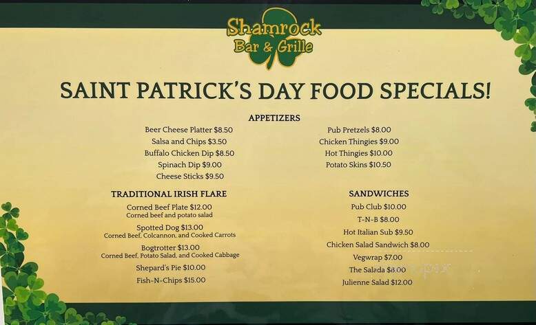 Shamrock Bar & Grille - Lexington, KY menu_pic
