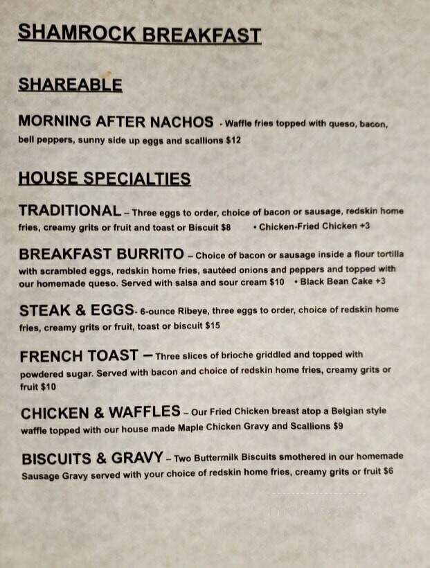 Shamrock Bar & Grille - Lexington, KY menu_pic