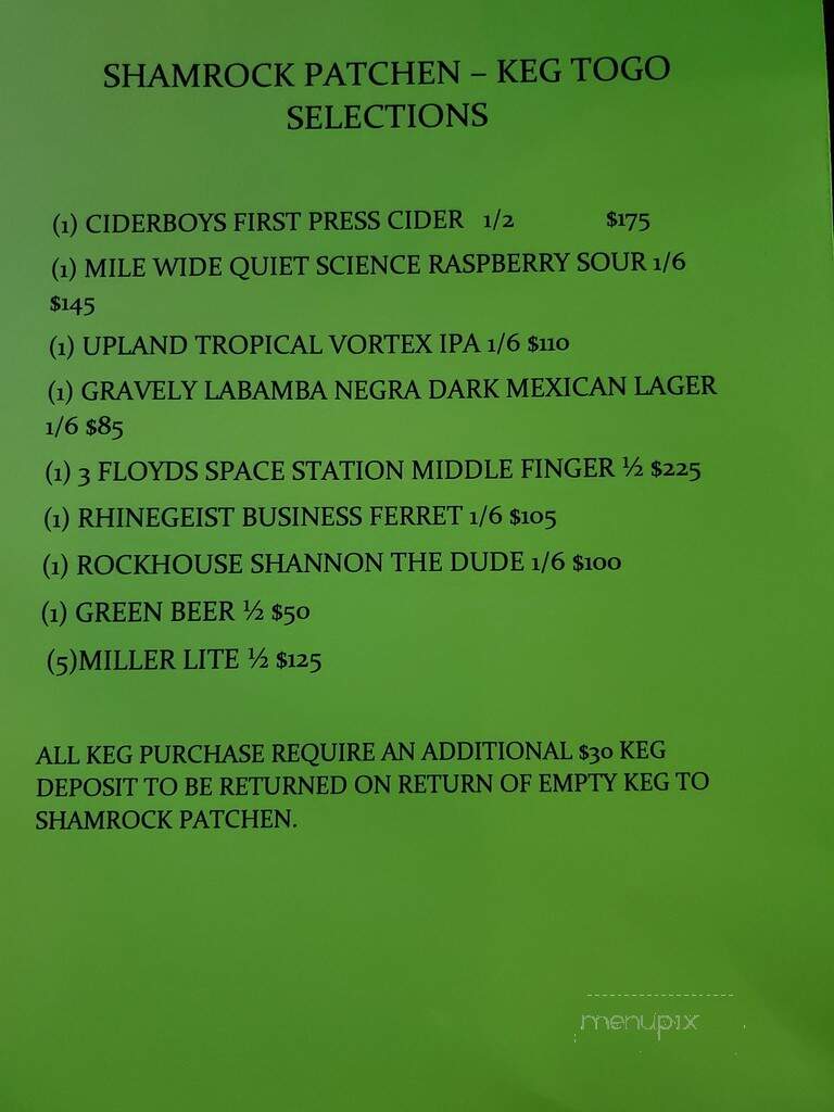 Shamrock Bar & Grille - Lexington, KY menu_pic