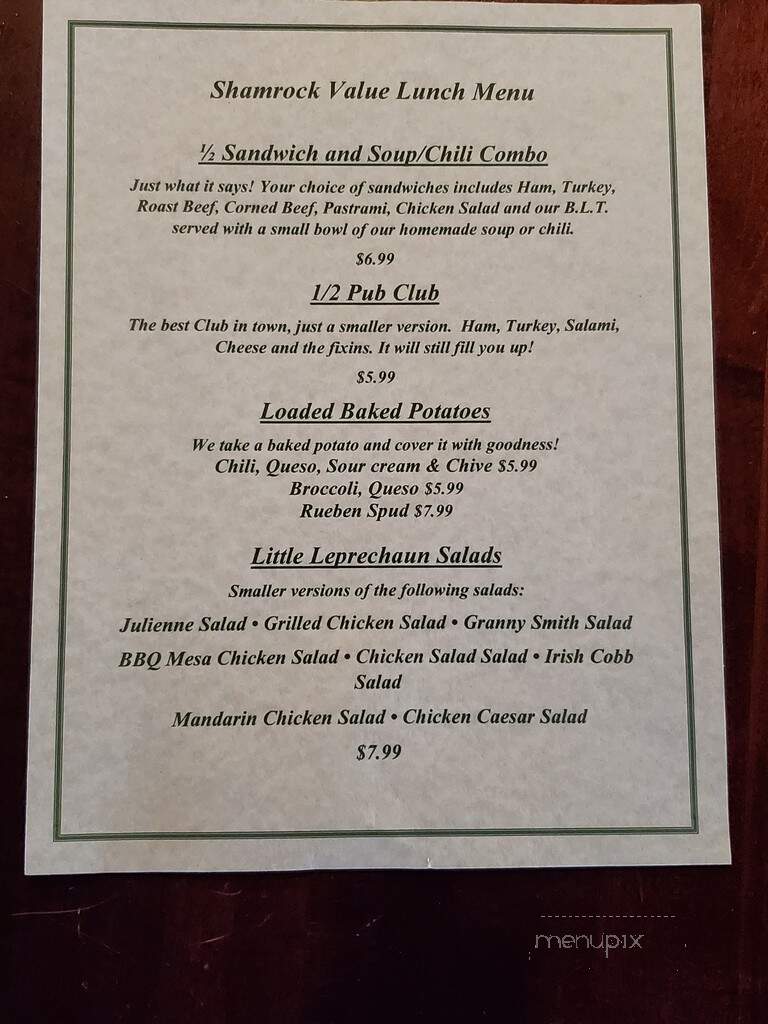 Shamrock Bar & Grille - Lexington, KY menu_pic