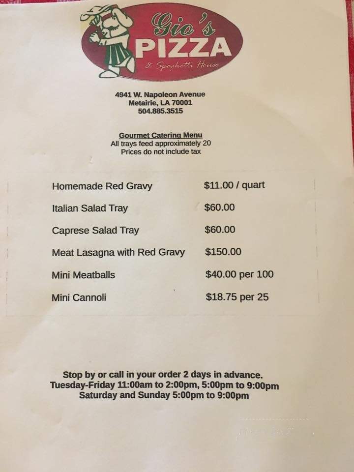 Gio's Pizza & Spaghetti House - Metairie, LA menu_pic