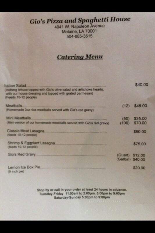 Gio's Pizza & Spaghetti House - Metairie, LA menu_pic