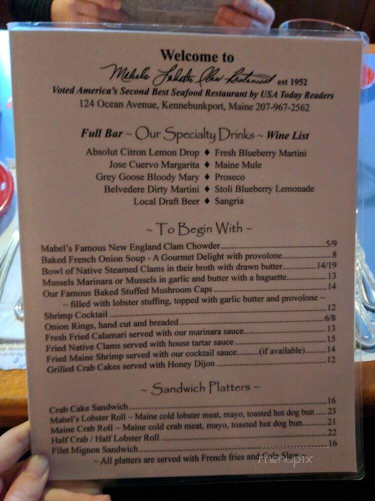 Mabels Lobster Claw - Kennebunkport, ME menu_pic