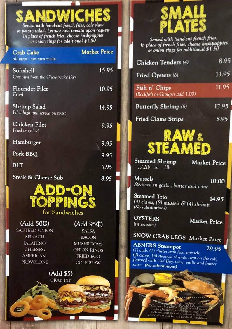 Abner's Sea Side Crab House - Chesapeake Beach, MD menu_pic