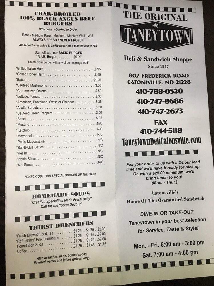 Taneytown Deli & Sandwich Shopp - Catonsville, MD menu_pic